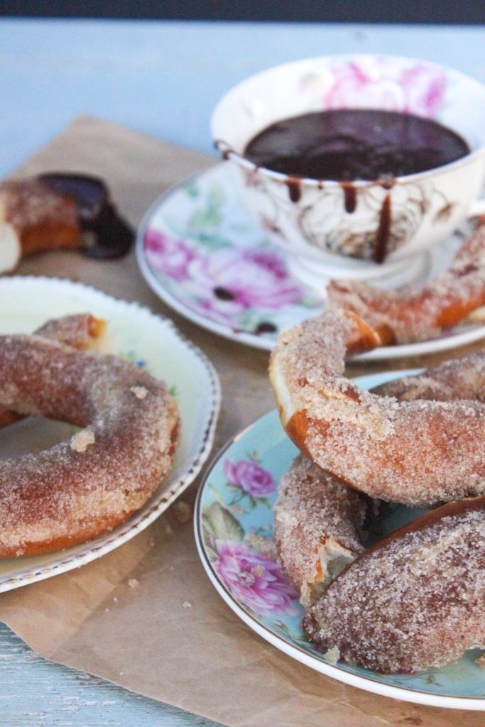 Hazelnut dip and sugar pretzels.