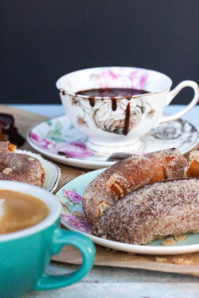 Hazelnut dip and sugar pretzels.