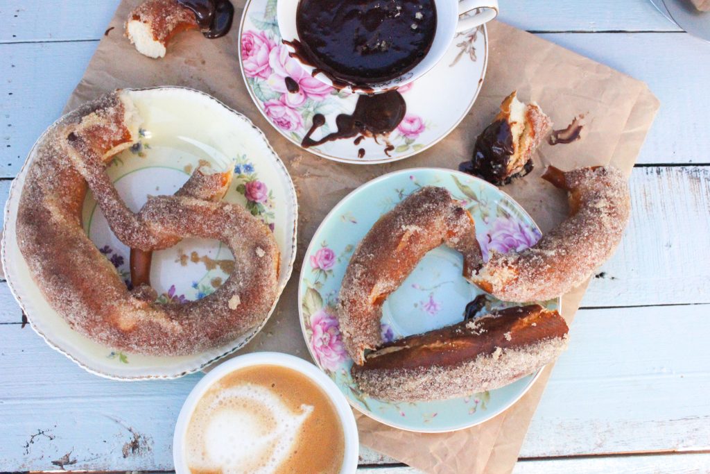 Hazelnut dip and sugar pretzels.