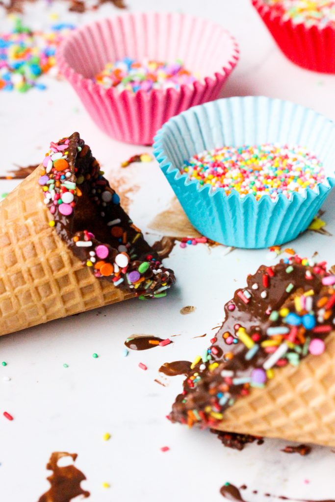 Chocolate dipped waffle cones with sprinkles